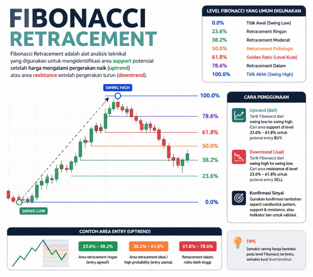 Infografik edukasional tentang Fibonacci retracement, menampilkan grafik candlestick dengan level retracement 0%, 23,6%, 38,2%, 50%, 61,8%, 78,6%, dan 100%. Menjelaskan area support dan resistance potensial, cara penggunaan untuk uptrend dan downtrend, serta contoh area entry dan tips trading.