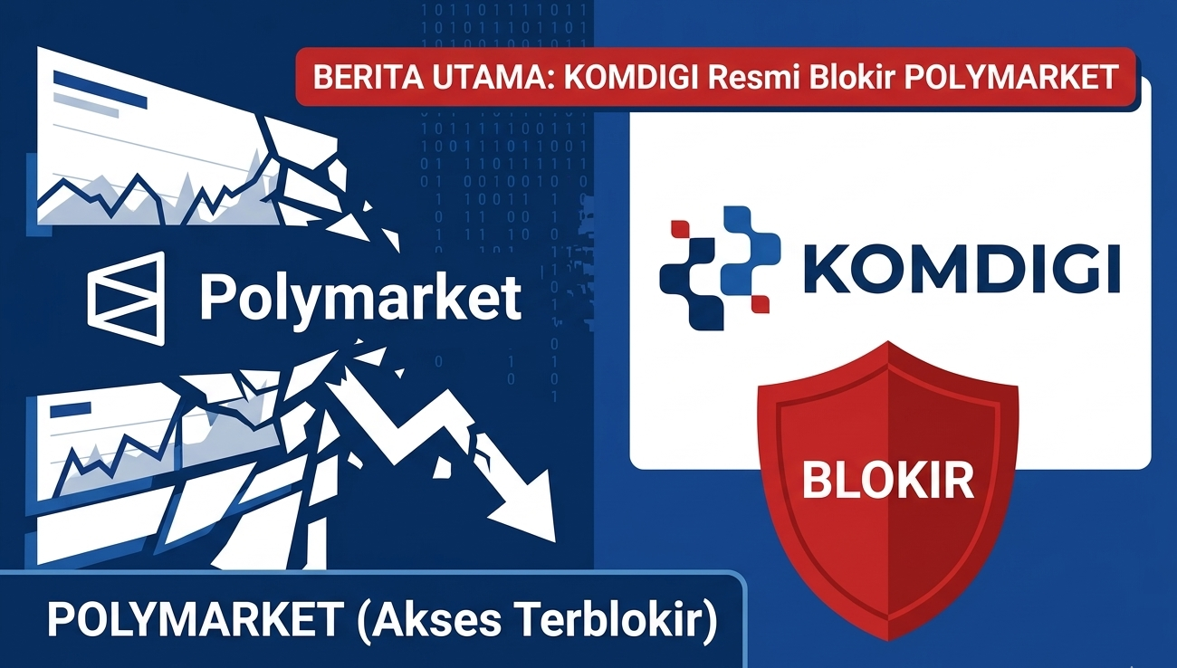 Infografis berita utama Komdigi resmi blokir akses Polymarket karena taruhan politik yang bikin indonesia heboh menggunakan aset kripto.