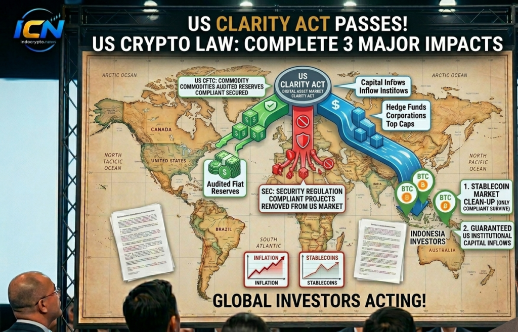 Infografis on-chain perbandingan CFTC komoditas coin audit dan SEC sekuritas regulasi proyek di screen peta panggung indocrypto.news.
