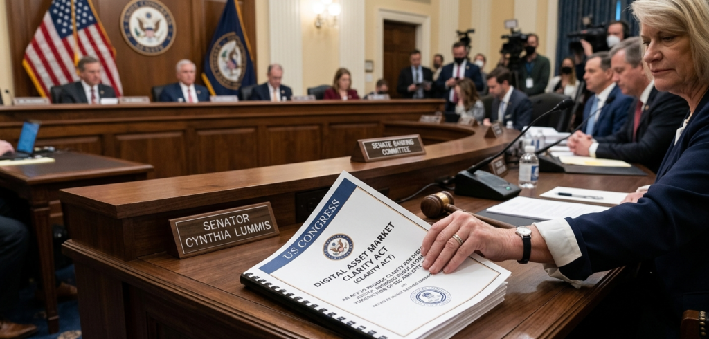 Dokumen fisik undang-undang CLARITY Act crypto di meja Senator Cynthia Lummis saat sidang Senate Banking Committee di Kongres AS.
