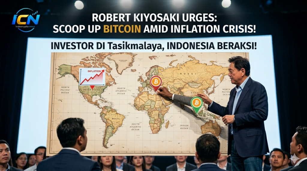 Robert Kiyosaki presentation on stage in Indonesia, with map showing Tasikmalaya investors taking action with Bitcoin as a hedge against inflation.