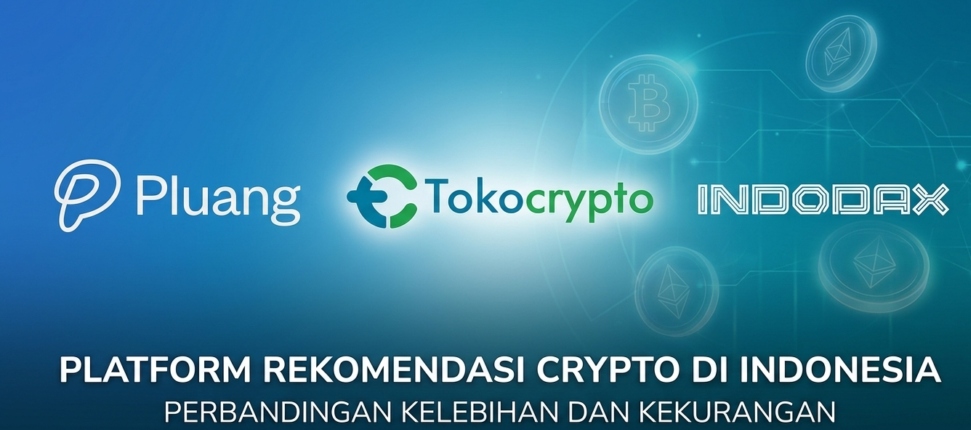 Logo resmi Pluang, Tokocrypto, dan Indodax yang disusun sejajar dengan latar belakang gradasi biru teal fintech dan elemen koin crypto samar, dilengkapi teks 'Platform Rekomendasi Crypto di Indonesia'.