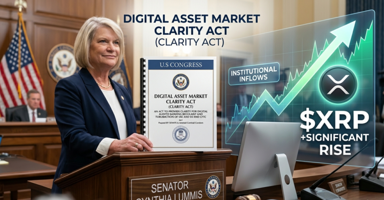 Senator Cynthia Lummis memegang dokumen CLARITY Act di Kongres AS, disandingkan dengan grafik lonjakan harga XRP yang signifikan.