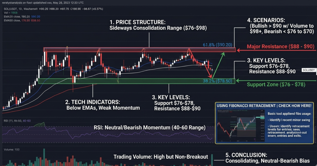 Grafik candlestick harian SOL/USDT dengan latar gelap, menampilkan analisis teknikal terperinci. Grafik menunjukkan rentang konsolidasi sideways antara $76-$98. Indikator teknis, termasuk EMA dan RSI (40-60), menunjukkan bias netral-bearish. Level Fibonacci Retracement 61,8% ($90.20) dan 38,2% ($78.50) digunakan untuk mengidentifikasi resistance dan support utama. Skenario pergerakan harga mencakup potensi bullish jika tembus $90 dengan volume, dan bearish jika jatuh di bawah $76. Terdapat juga panduan singkat penggunaan Fibonacci Retracement di bagian kanan bawah.