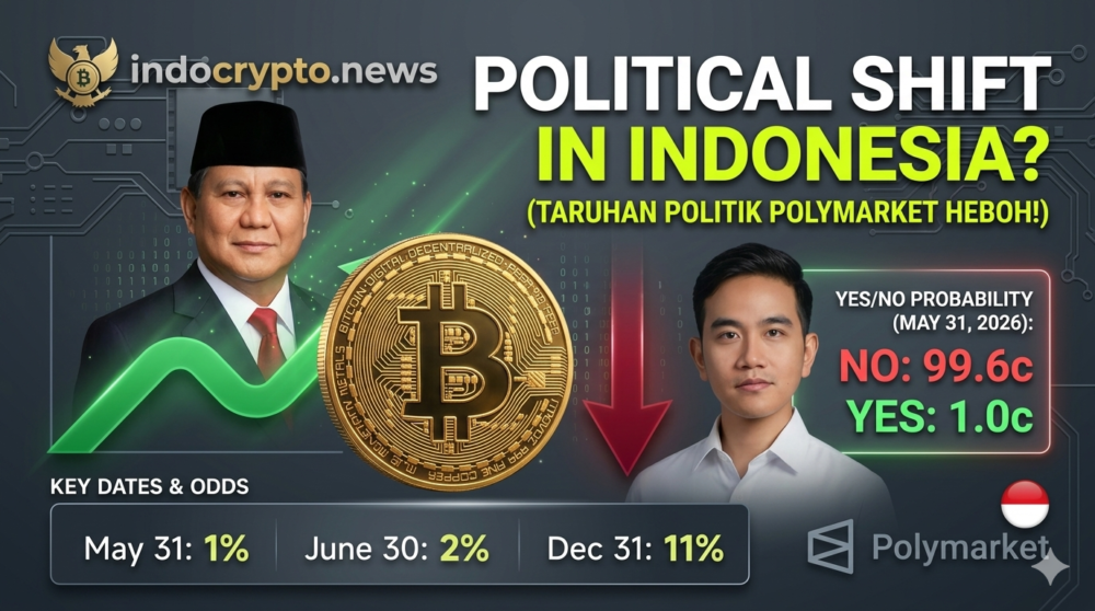 Gambar utama artikel indocrypto.news yang bikin indonesia heboh tentang pasar taruhan politik Polymarket terkait masa jabatan Presiden Prabowo Subianto menggunakan data prediksi crypto.