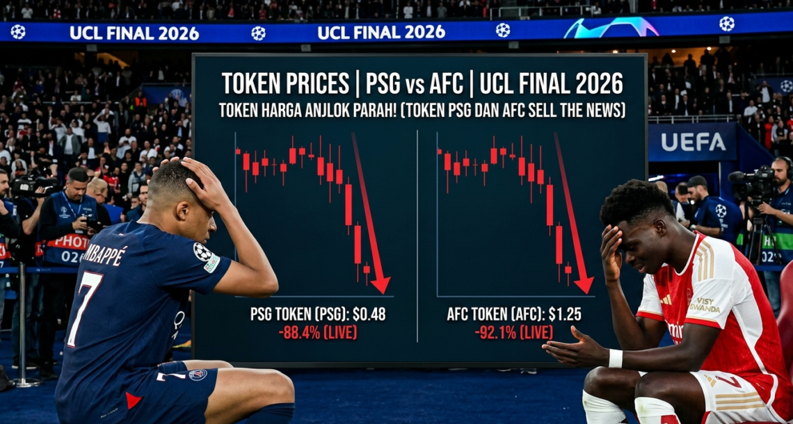 Dua pemain bintang PSG dan Arsenal (AFC) tampak frustrasi memegang kepala di pinggir lapangan Final UCL 2026, di depan layar besar yang menampilkan grafik chart harga token PSG dan AFC crypto yang anjlok parah berwarna merah.