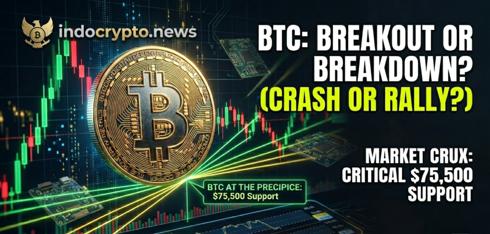 Gambar utama artikel indocrypto.news tentang analisis teknikal Bitcoin BTC/USDT yang lagi kritis di support 75.500 dengan indikator Stochastic RSI oversold, lengkap dengan grafik candlestick dark mode.