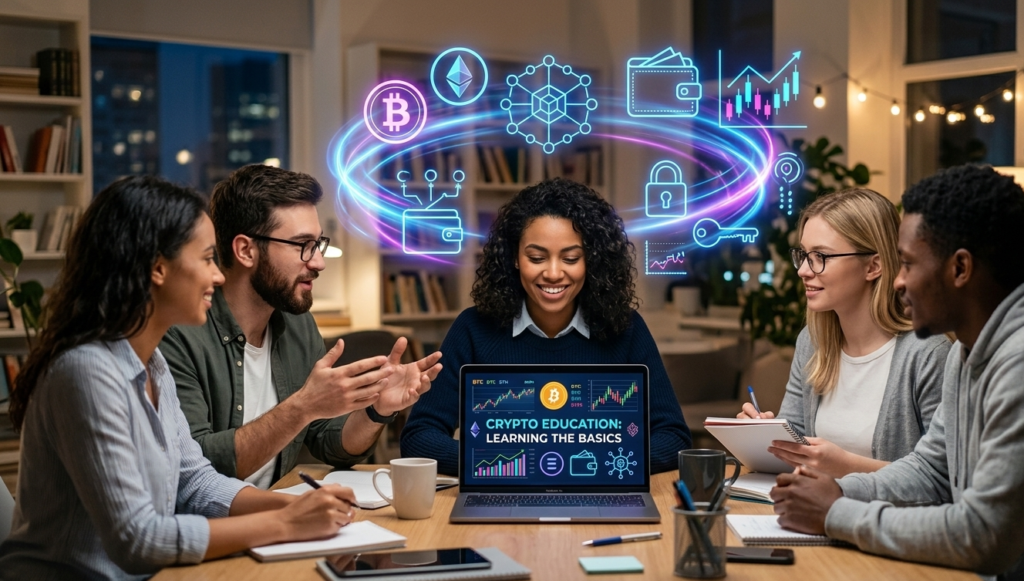 edukasi crypto dasar Seorang wanita muda tersenyum sambil belajar mata uang kripto di laptop, dikelilingi ikon neon berkilau Bitcoin, Ethereum, blockchain, dan grafik digital. Di sisi kiri terdapat ruang kosong dengan teks 'Unlocking Crypto: Your Essential Guide'.