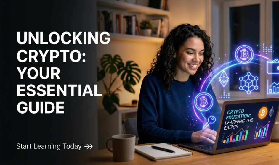 edukasi crypto dasar Seorang wanita muda tersenyum sambil belajar mata uang kripto di laptop, dikelilingi ikon neon berkilau Bitcoin, Ethereum, blockchain, dan grafik digital. Di sisi kiri terdapat ruang kosong dengan teks 'Unlocking Crypto: Your Essential Guide'.