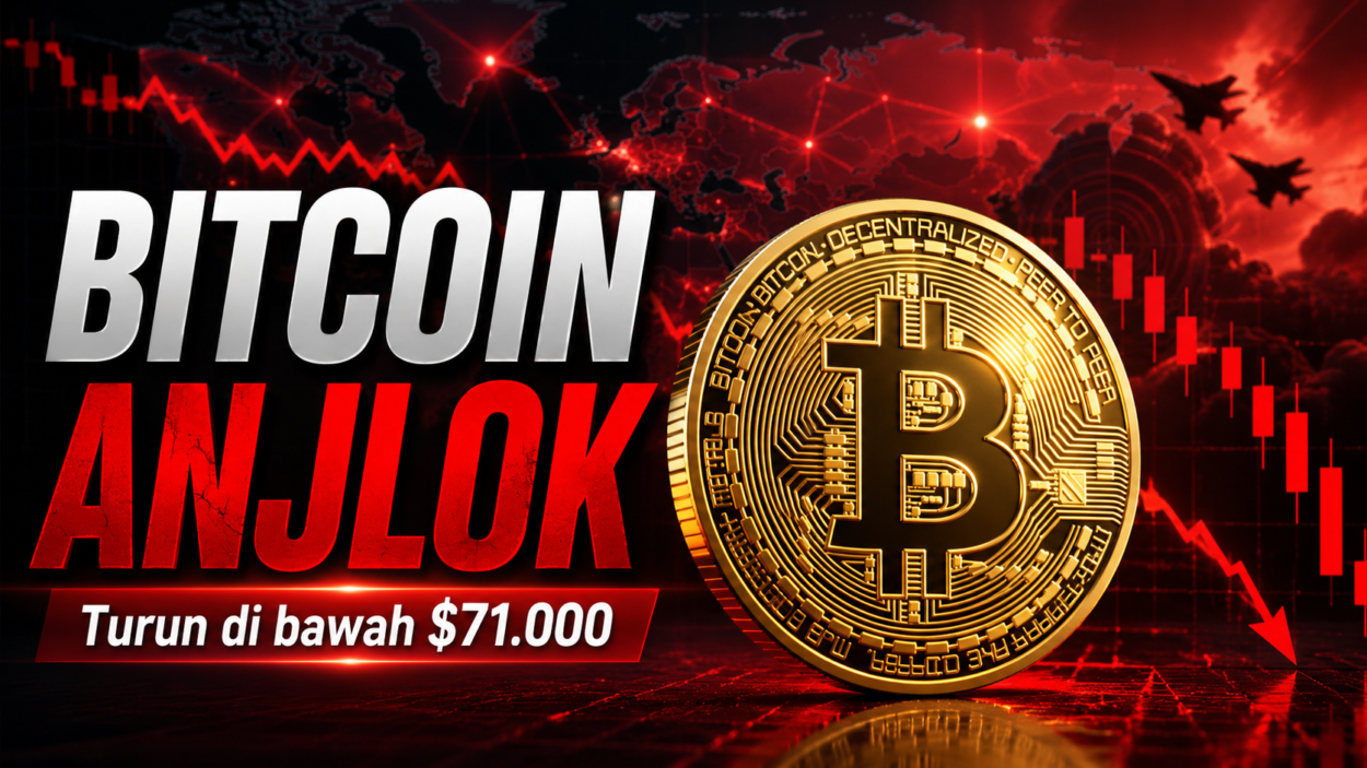 Bitcoin anjlok di bawah $71.000 pada 1 Juni akibat ketegangan AS-Iran, dengan grafik candlestick merah turun dan koin Bitcoin emas besar di depan.