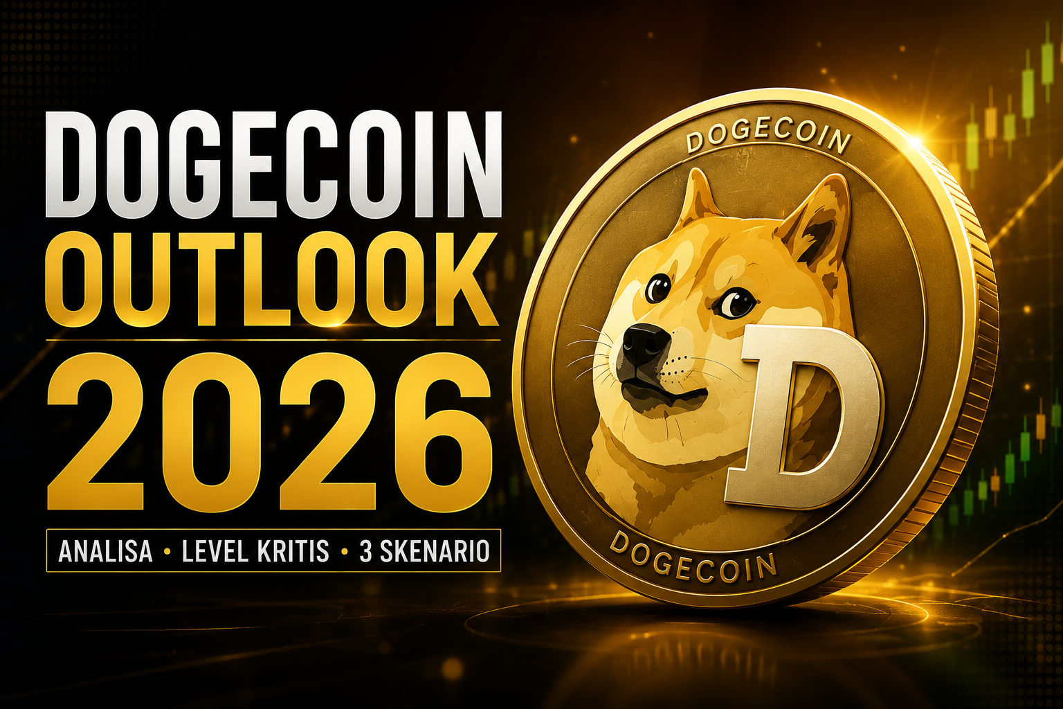Dogecoin Outlook 2026 dengan logo Dogecoin emas dan latar grafik candlestick kripto