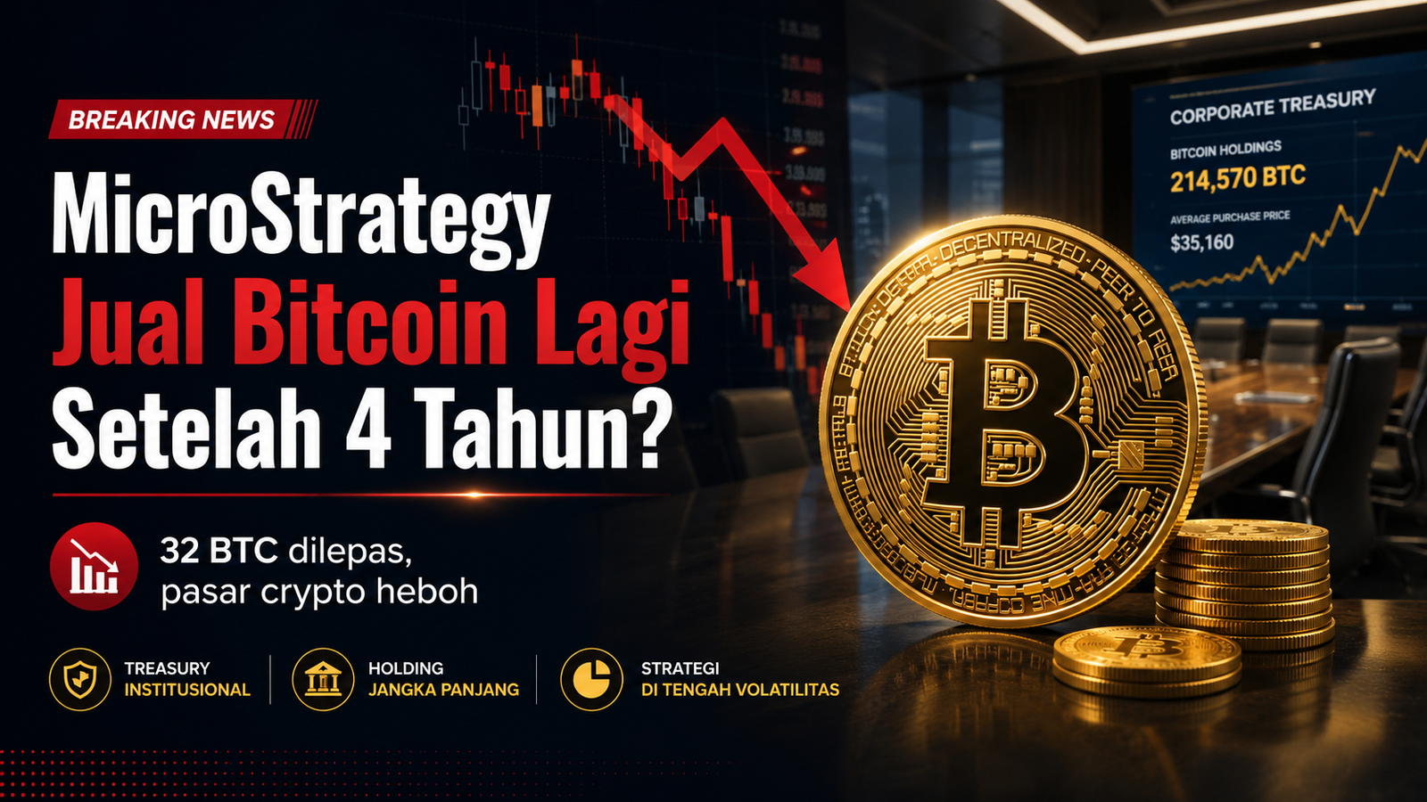 Featured image berita crypto tentang MicroStrategy menjual 32 Bitcoin setelah 4 tahun, dengan ilustrasi koin Bitcoin, grafik harga turun, dan nuansa treasury institusional.
