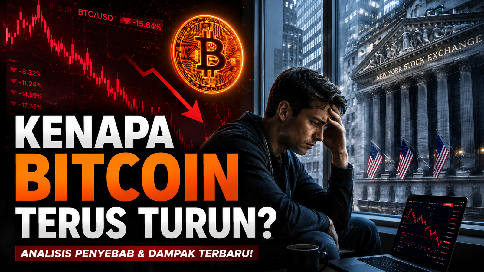 Seorang investor muda terlihat khawatir di dekat jendela dengan latar belakang Wall Street dan New York Stock Exchange. Grafik Bitcoin berwarna merah menunjukkan penurunan tajam, sementara logo Bitcoin berwarna oranye menyala. Thumbnail berita kripto dengan judul besar "KENAPA BITCOIN TERUS TURUN?" dan suasana krisis pasar keuangan.