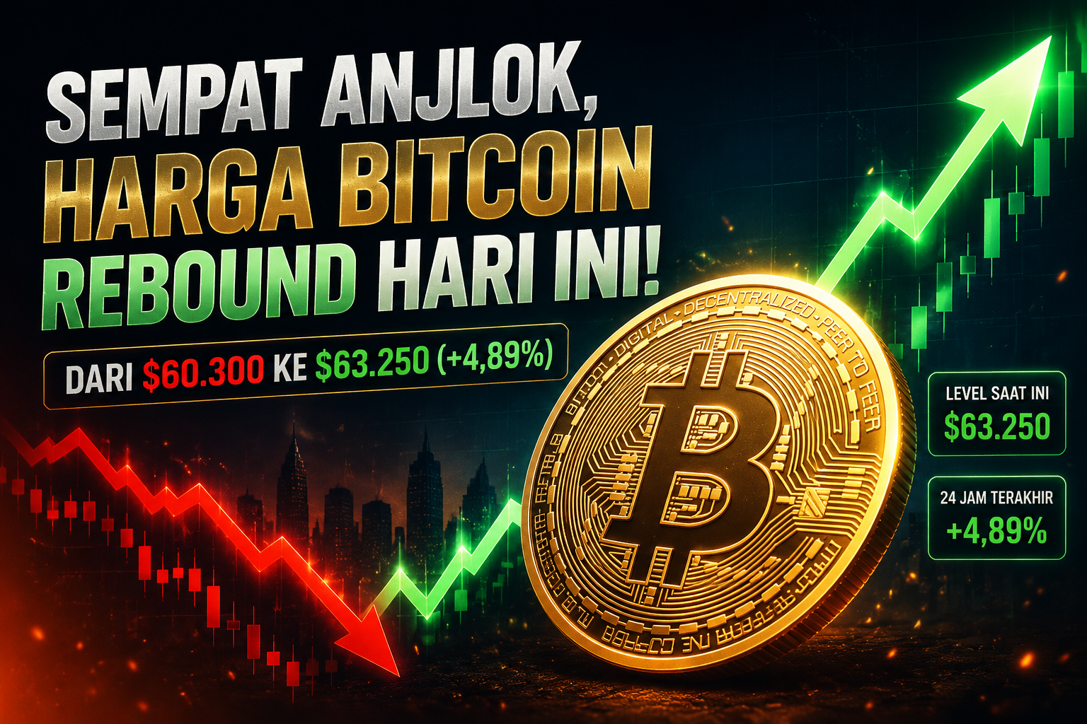 Ilustrasi Bitcoin rebound dengan koin Bitcoin emas di tengah, grafik candlestick hijau naik, dan panah hijau menunjukkan kenaikan harga dari $60.300 ke $63.250.