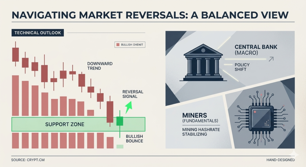 Infografis analisis pergerakan kenapa Bitcoin turun terus mencakup indikator teknikal support zone dan faktor fundamental makroekonomi bank sentral serta kapitulasi miners.