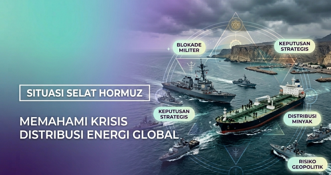 Kapal tanker minyak dan kapal perang militer berpatroli di perairan, situasi Selat Hormuz sebagai simbol krisis distribusi energi global