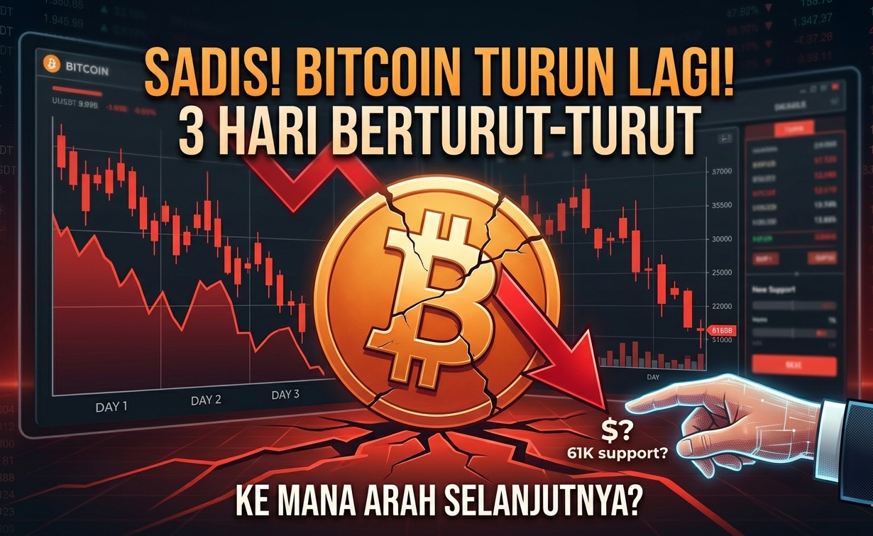 Grafik analisis teknikal saat Bitcoin sadis turun 3 hari berturut-turut dengan indikator panah merah menembus koin BTC retak menuju area support 61K.