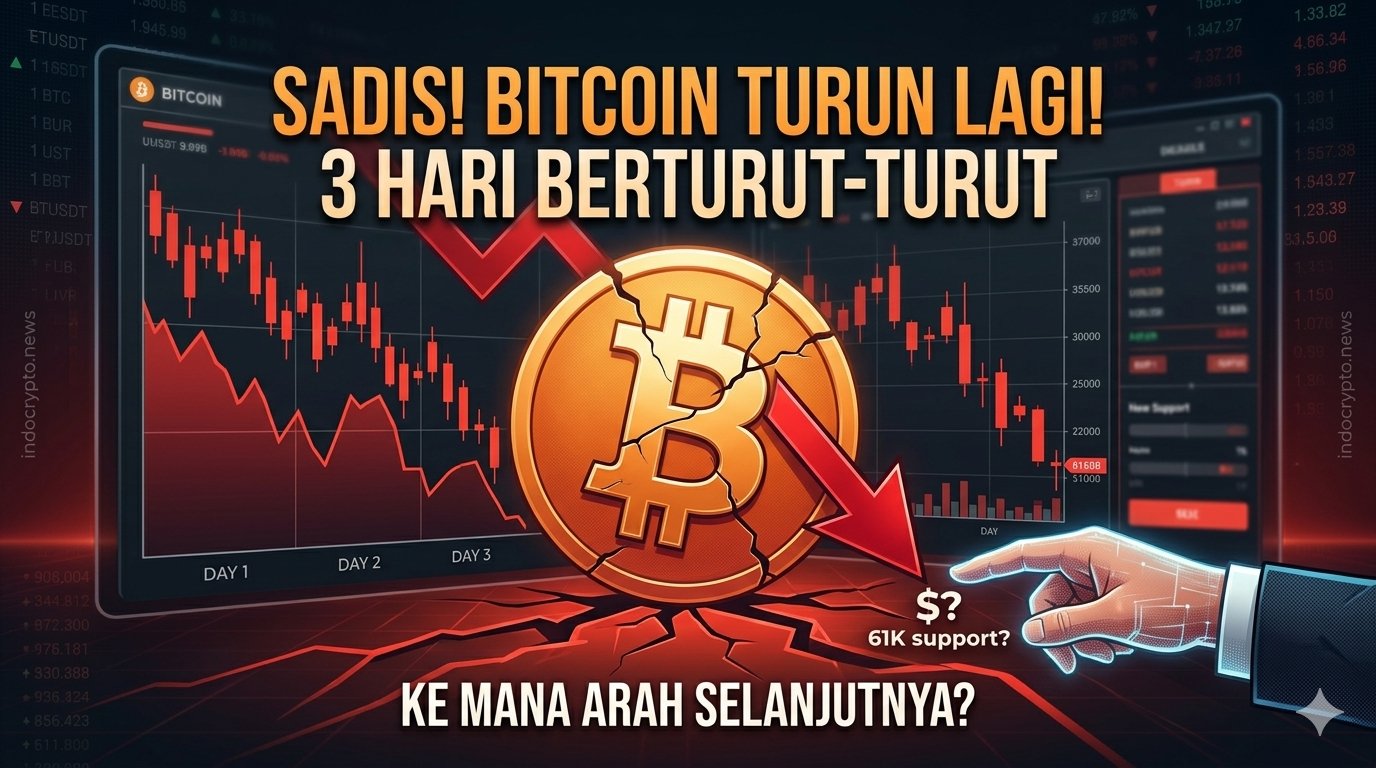 Grafik analisis teknikal saat Bitcoin sadis turun 3 hari berturut-turut dengan indikator panah merah menembus koin BTC retak menuju area support 61K.
