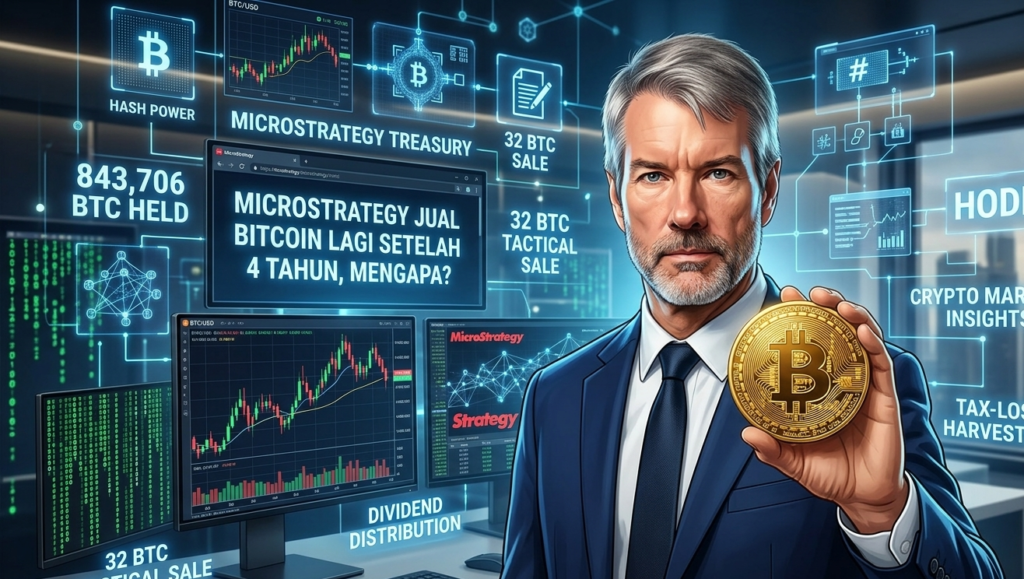 Michael Saylor memegang koin Bitcoin dengan latar belakang data transaksi penjualan 32 BTC MicroStrategy