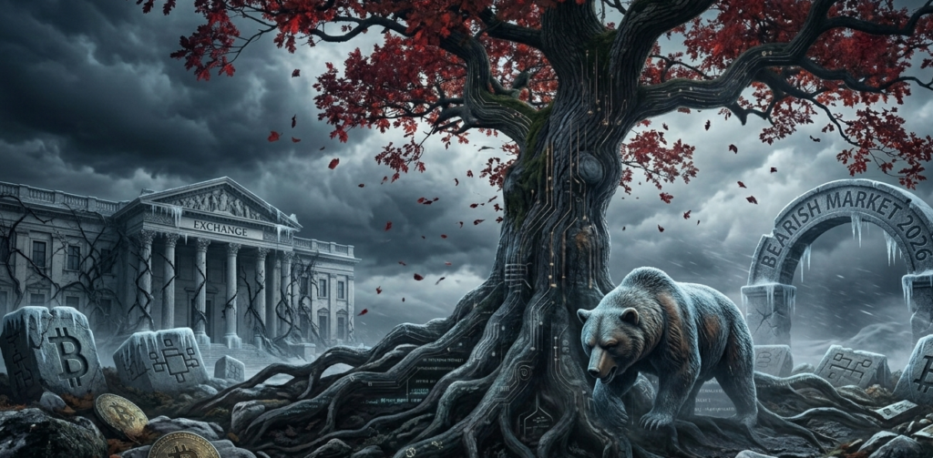 Ilustrasi dramatis dan gelap yang melambangkan pasar kripto bearish market pada tahun 2026, menampilkan seekor beruang es besar yang berjalan di akar pohon kuno yang membeku dengan daun merah tua, di bawah langit badai yang mendung. Akar pohon memiliki pola sirkuit digital yang samar. Di latar belakang terdapat gedung bursa efek gaya neoklasik yang tertutup salju dengan tulisan "EXCHANGE" dan lengkungan batu bertuliskan "BEARISH MARKET 2026". Tanah di sekitarnya dipenuhi balok batu berukir simbol Bitcoin (₿) yang membeku dan koin Bitcoin emas yang berserakan.