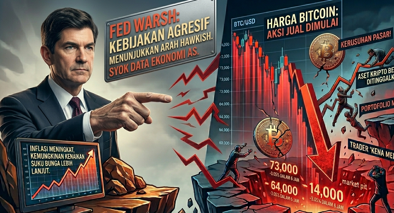kebijakan the fed, Kevin Warsh menunjuk ke arah kawah yang runtuh di bawah grafik harga Bitcoin yang jatuh