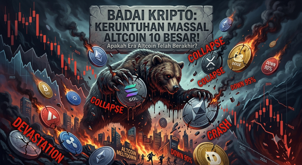 Ilustrasi pasar kripto bearish dengan beruang yang menghancurkan koin altcoin 10 besar di tengah grafik harga merah