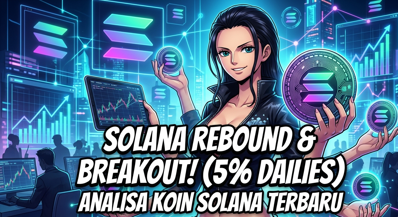 Nico Robin memegang koin Solana dengan latar belakang grafik perdagangan kripto dan teks Analisa Koin Solana Rebound dan Breakout 5 persen.