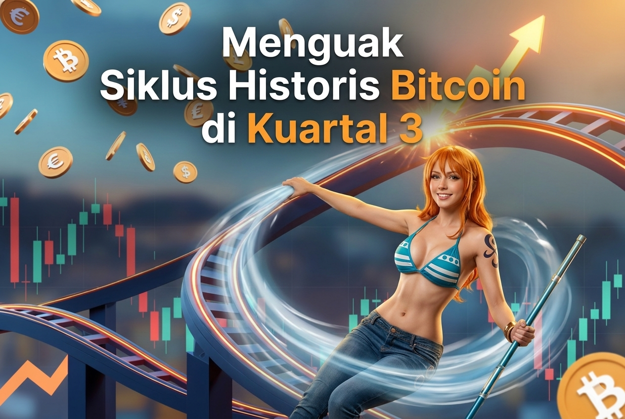 Ilustrasi Bitcoin menggambarkan siklus historis bitcoin di kuartal 3 dengan naik turun harga dan rebound kuat di akhir periode