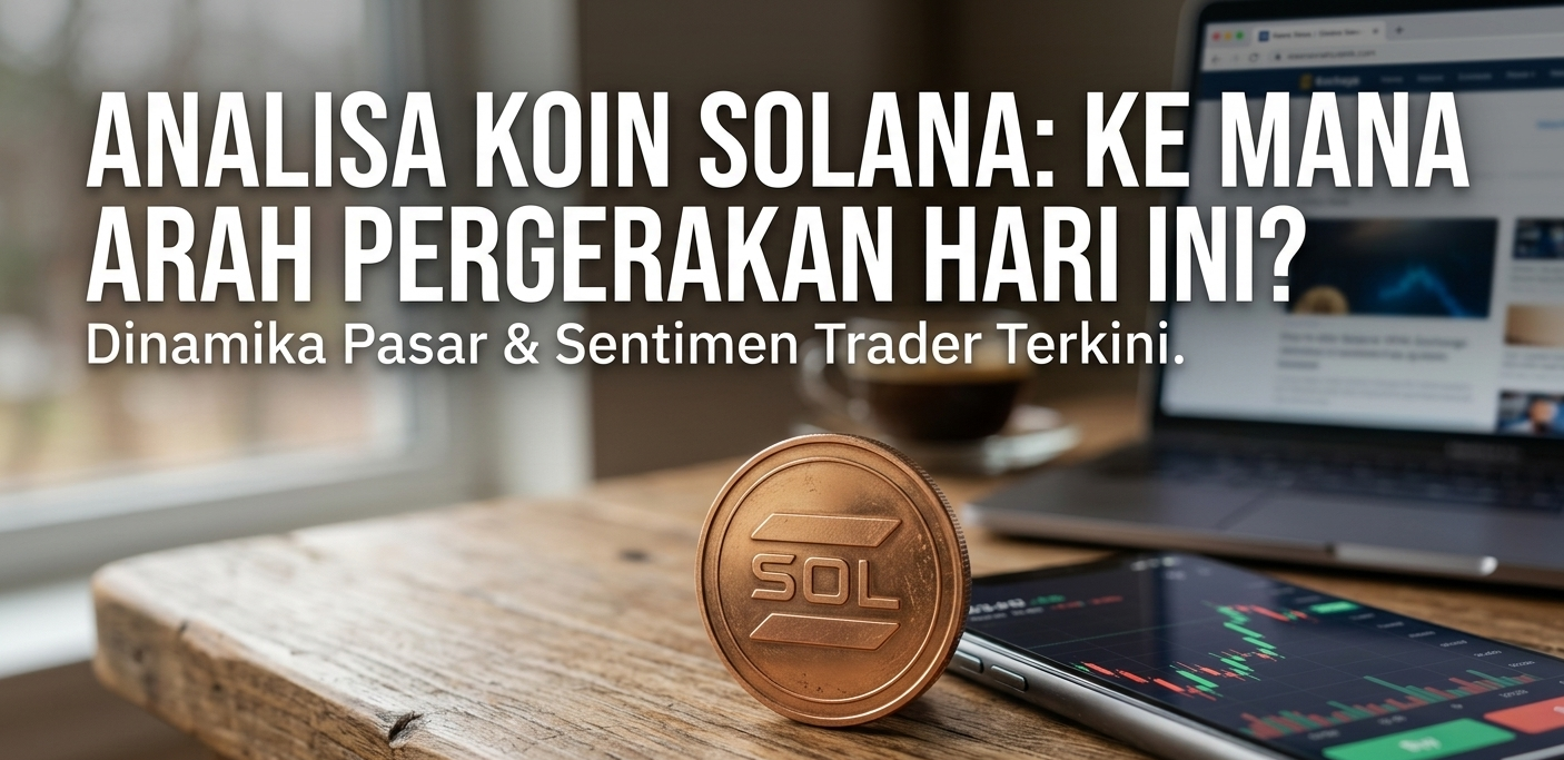 Koin fisik Solana emas dengan grafik trading crypto di HP dan laptop, latar belakang meja kayu natural.
