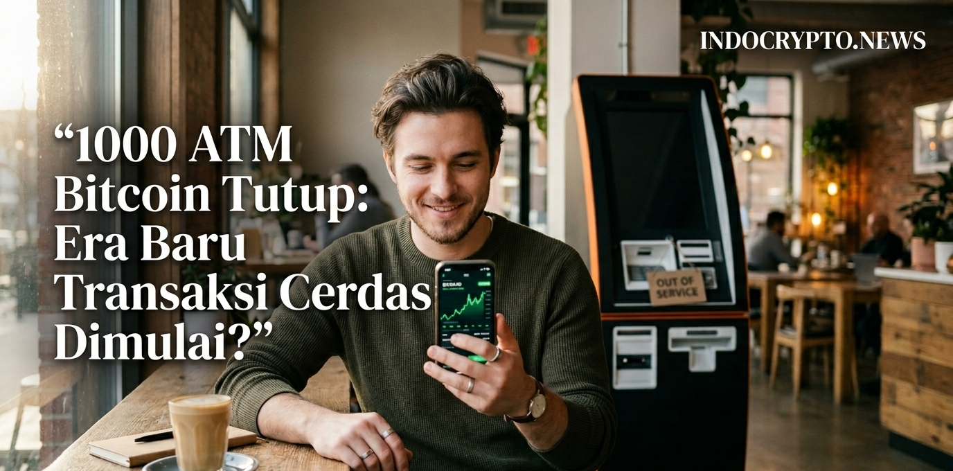 Pria melihat grafik crypto di HP dengan latar belakang ATM Bitcoin yang tutup