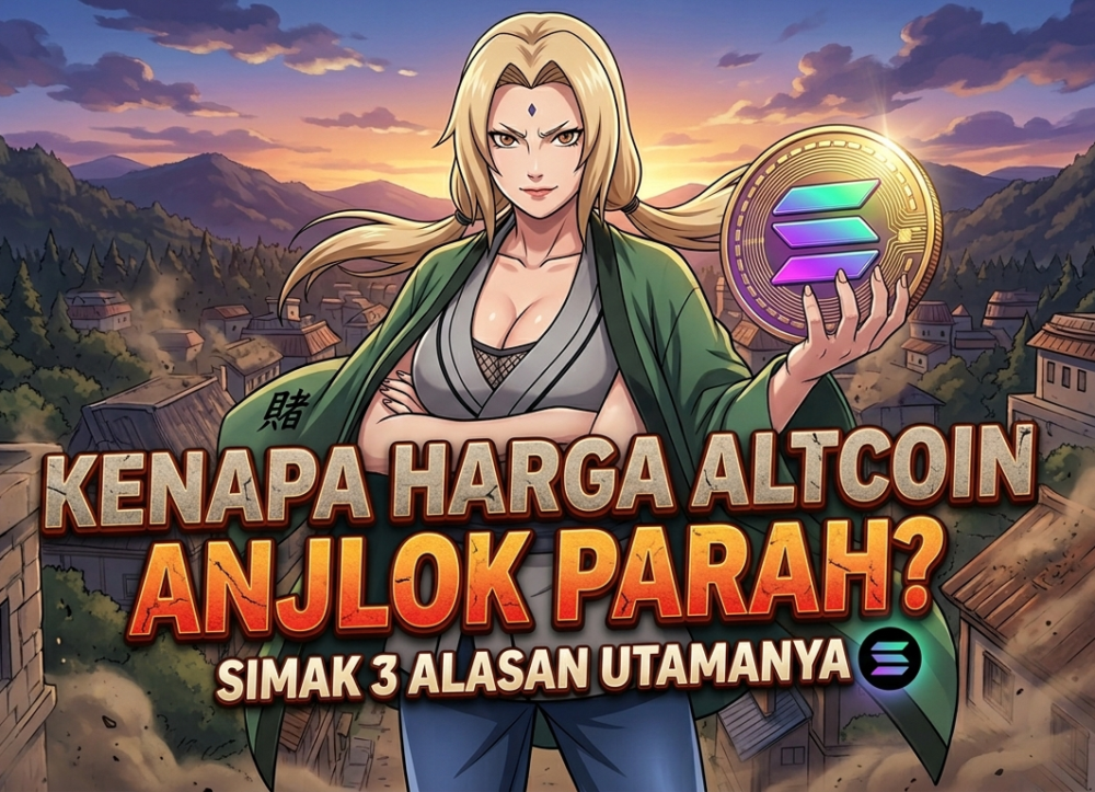 sunade memegang koin Solana dengan latar belakang pasar kripto yang sedang anjlok