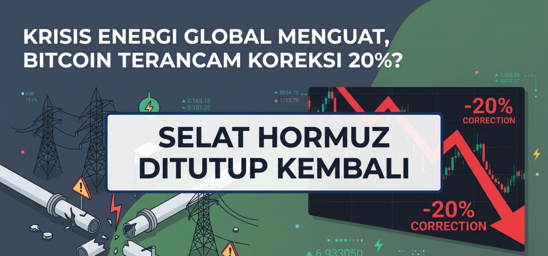 Grafik visual Krisis Energi Global Menguat, Bitcoin Terancam Koreksi 20%. Gambar fitur untuk artikel Indocrypto.news yang menunjukkan grafik harga BTC turun dengan panah merah dan infrastruktur energi yang terganggu, dengan caption utama 'SELAT HORMUZ DITUTUP KEMBALI' di tengah.