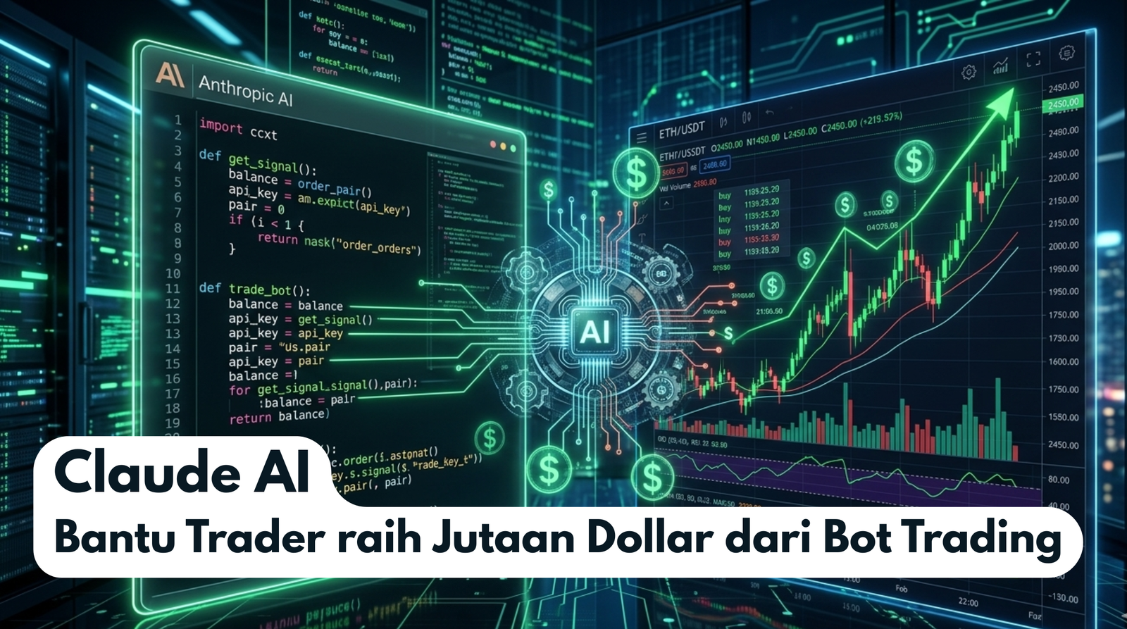 Ilustrasi antarmuka kode Python untuk bot trading crypto otomatis yang didukung oleh Anthropic Claude AI di sebelah grafik harga crypto yang naik. Proses eksekusi cepat ditunjukkan dengan simbol dolar digital.