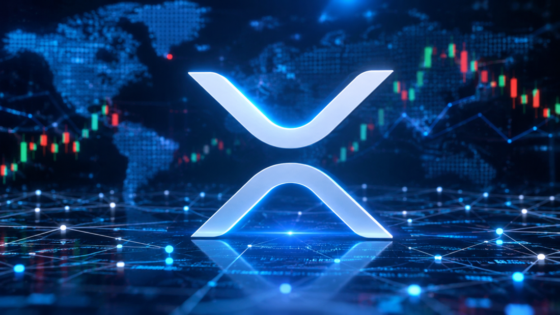 Logo XRP berwarna emas bersinar di tengah latar belakang jaringan blockchain yang dinamis, menunjukkan performa positif XRP hari ini dan sentimen bullish di pasar kripto.