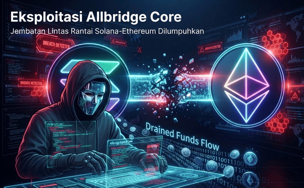Ilustrasi keamanan jaringan kripto yang merepresentasikan kasus eksploitasi Allbridge Core di jaringan Solana dan Ethereum.